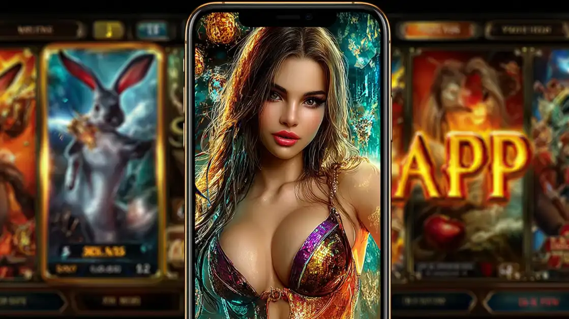Mobile phone showing a slot app featuring a glamorous woman in a sequin dress, with slot games in the background.