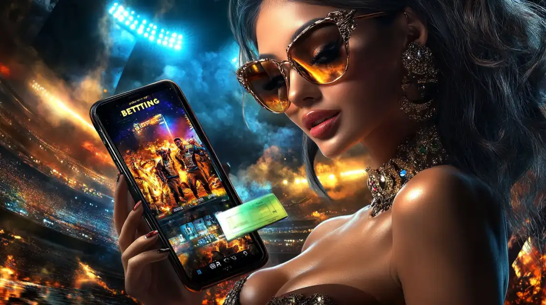 Fashionable woman in a stadium holding a smartphone with a sports betting app on screen, wearing sunglasses and glamorous jewelry.