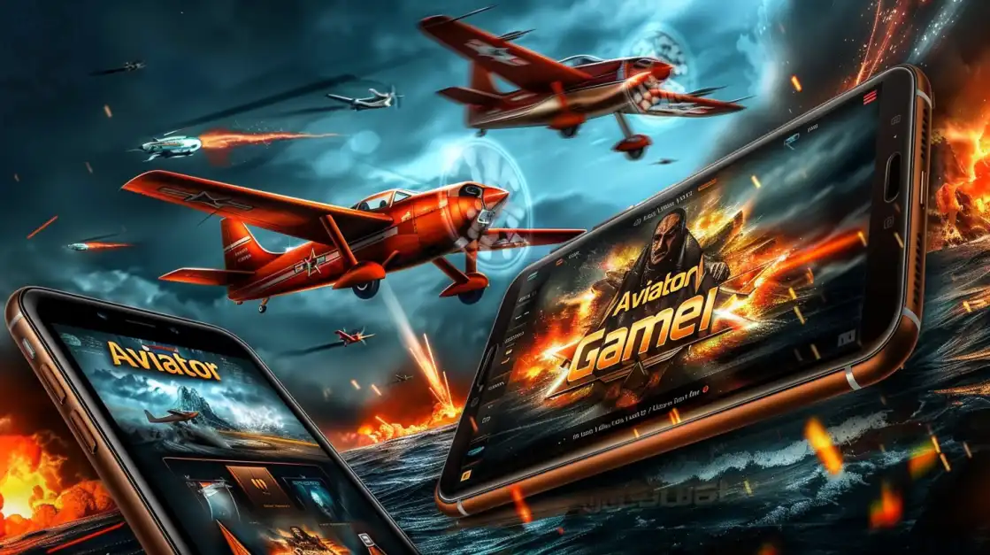 Explosive aerial battle scene with red planes and mobile screens displaying Aviator Game, all over a fiery ocean background.