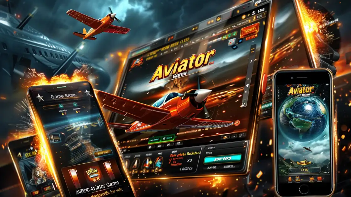 Multiple mobile screens and a tablet showing the Aviator Game, featuring a cartoon red aircraft and dramatic flight-themed visuals.