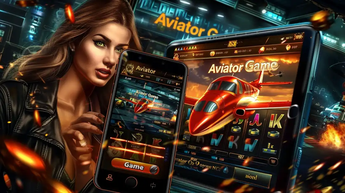 Glamorous woman holding a smartphone showing the Aviator Game slot interface, with the red plane and game screen in the background.