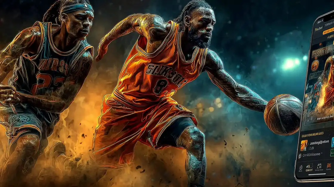 Two muscular basketball players in action, one dribbling fiercely, with a glowing sports betting app screen visible on the right.