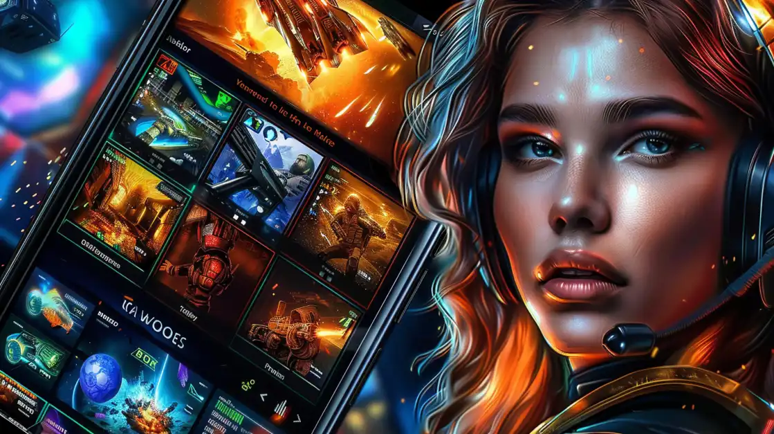Futuristic female gamer with headset beside a mobile game interface featuring sci-fi characters, space battles, and glowing weapons.