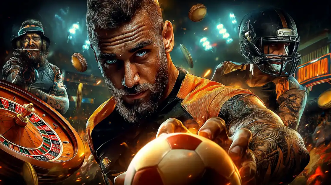 Intense bearded athlete holding a soccer ball with a roulette wheel, an American football player, and gold coins in a high-stakes stadium atmosphere.