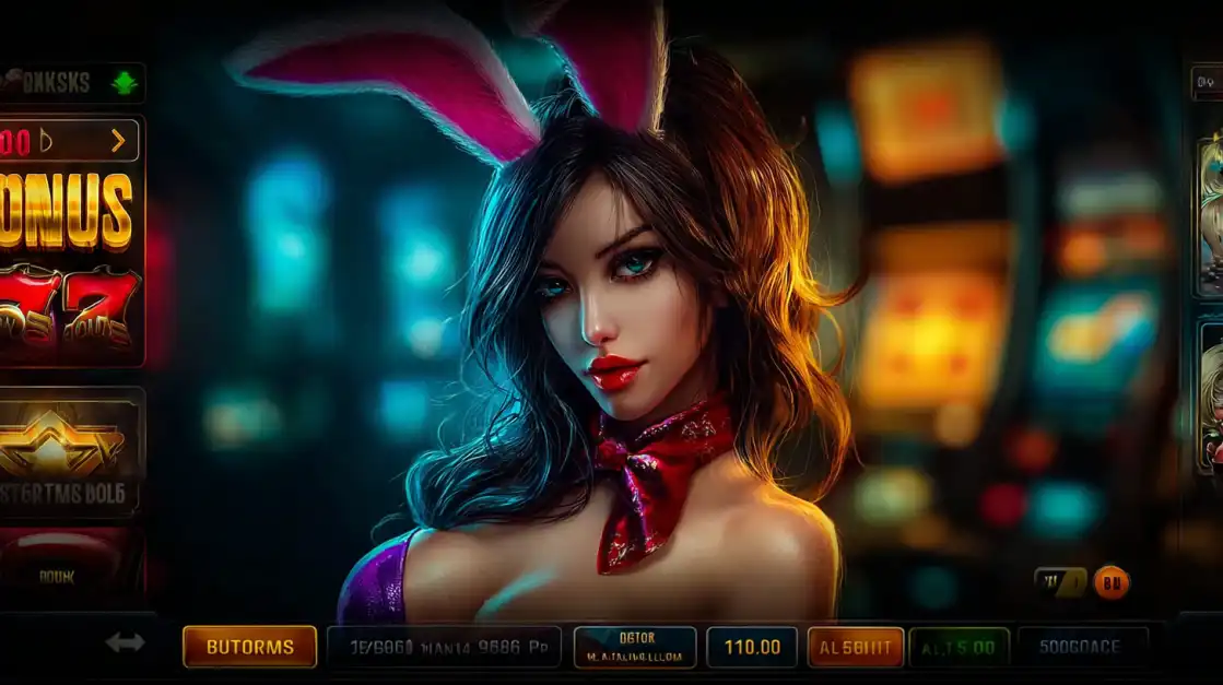 Glamorous girl in bunny ears and red bow tie posing near a slot machine with a dark casino background and neon elements.