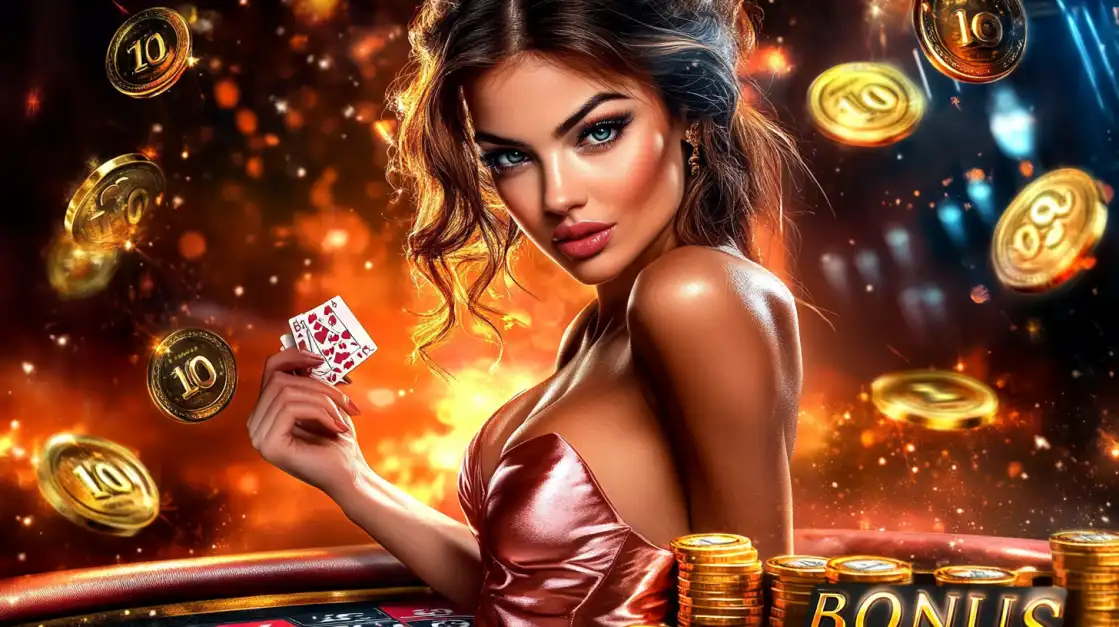 Attractive woman in a red satin dress at a roulette table, holding playing cards with golden coins and glowing lights around her.