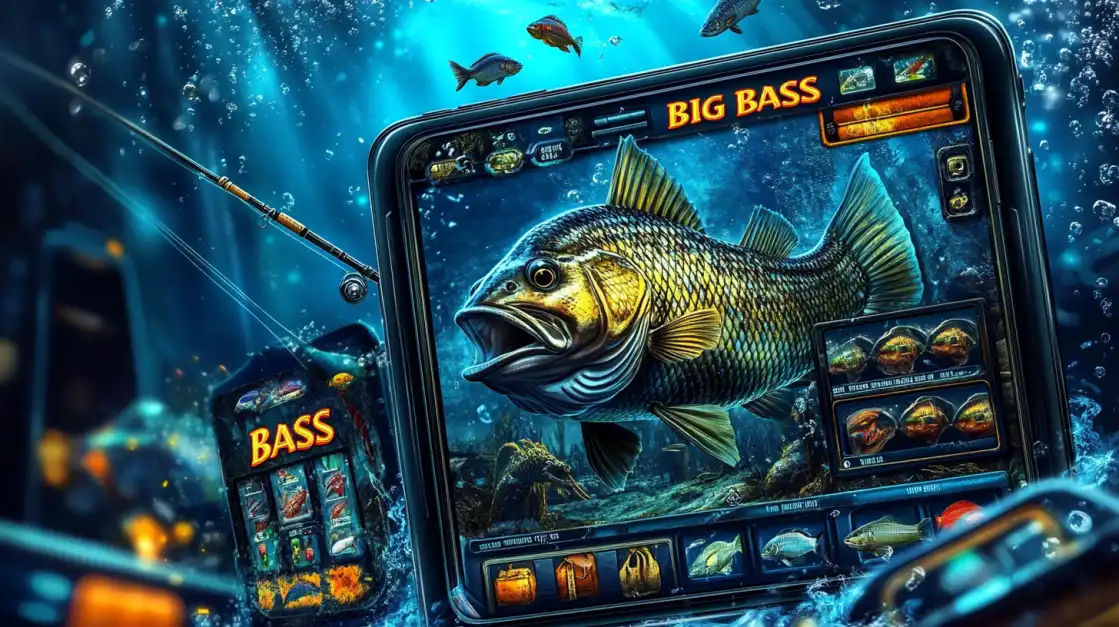 Underwater scene with a giant bass on a slot machine screen, surrounded by bubbles, coins, and a fishing rod, highlighting the aquatic theme.