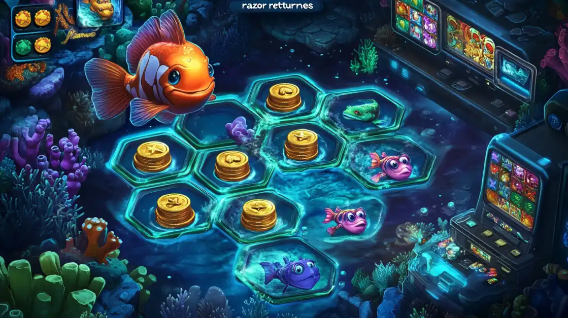 Cartoon-style clownfish swimming among hexagonal tiles with gold coins and other colorful fish near slot machines.