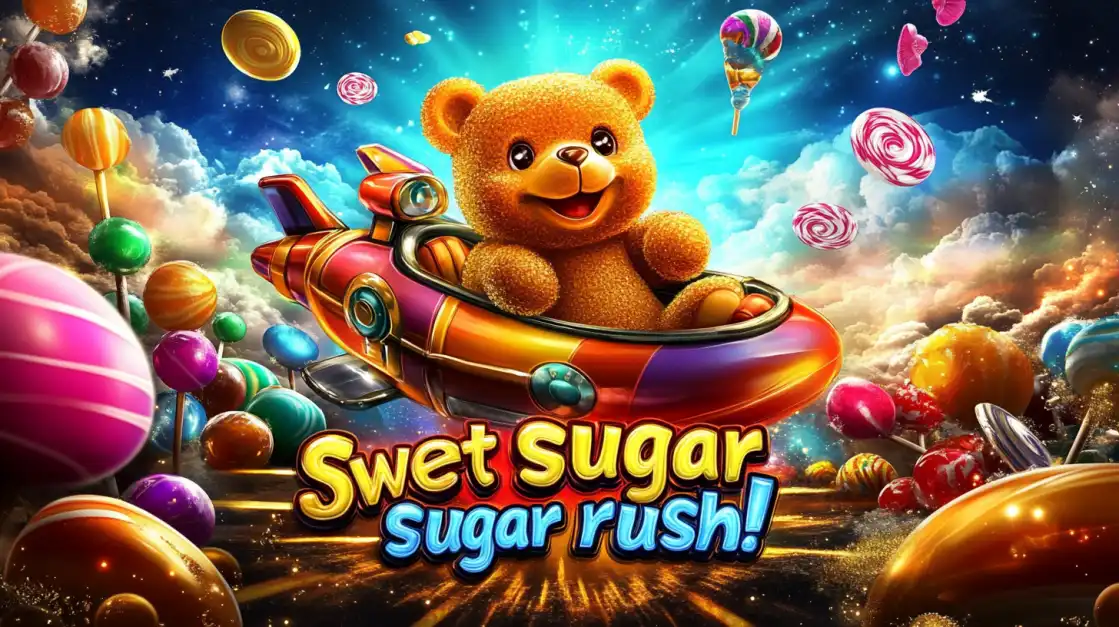 Cute teddy bear flying a candy-colored spaceship through a sugar-filled sky with lollipops and the text Swet Sugar Sugar Rush.