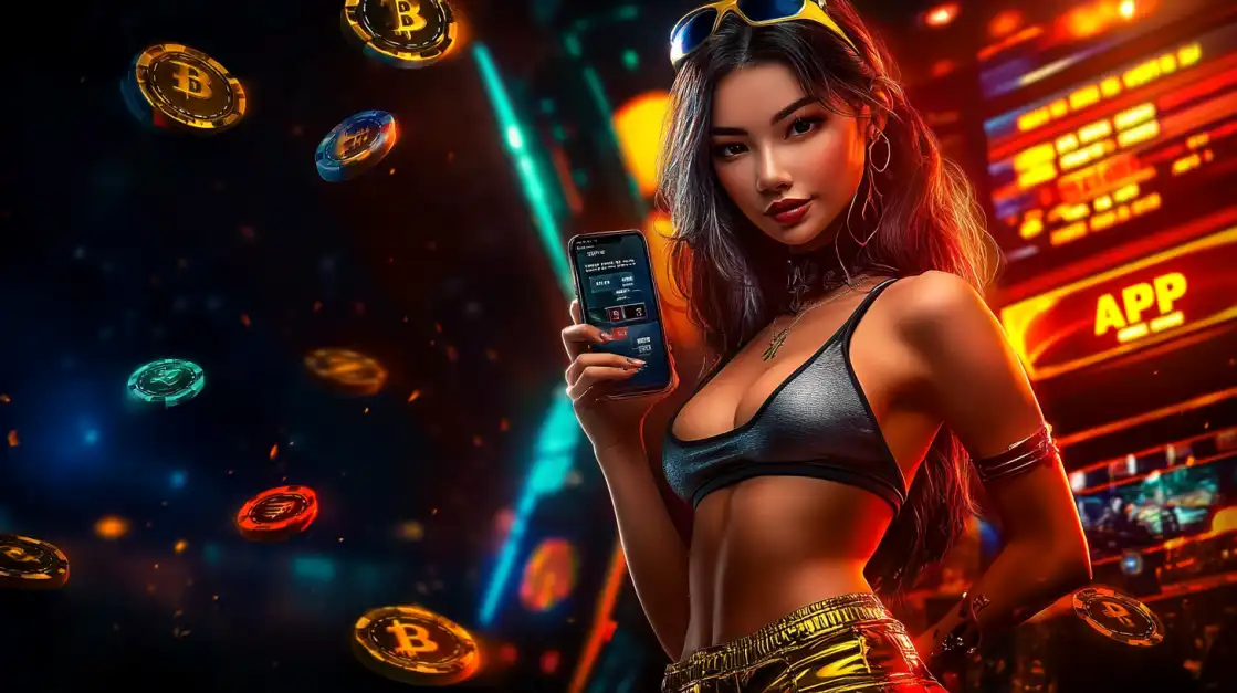 Stylish woman holding a phone with a cryptocurrency casino app interface, surrounded by colorful Bitcoin-themed tokens in a neon-lit environment.