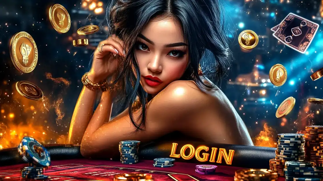 Elegant woman at a casino table surrounded by chips and gold coins, with the word Login glowing beside her.