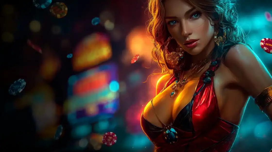 Seductive woman in a red outfit posing in a casino setting with colorful lights and flying poker chips.