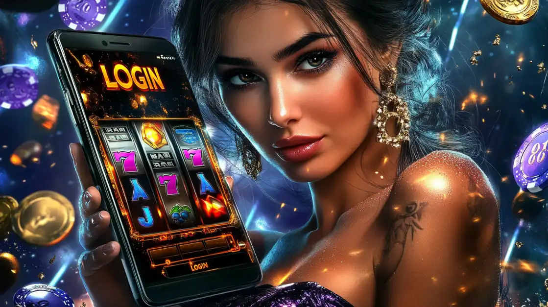 Brunette woman presenting a slot game login screen on a smartphone, with a glowing background and scattered casino chips.