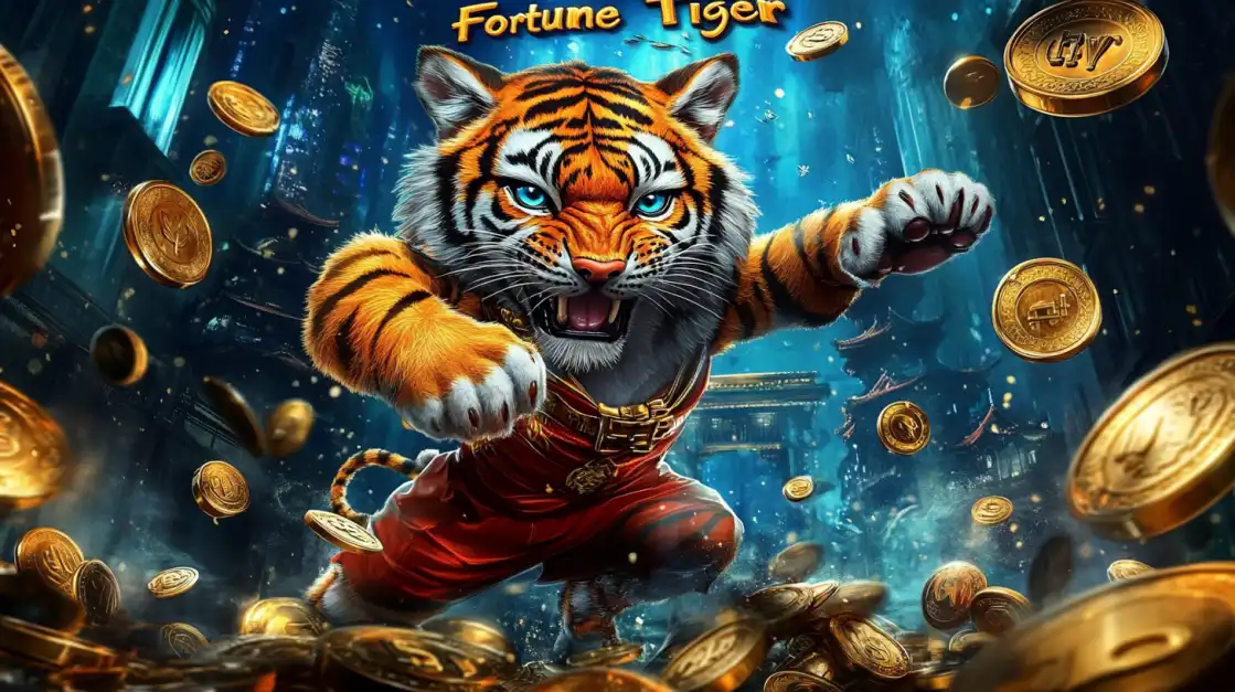 Fierce tiger in red pants leaping through a shower of gold coins in an ancient Asian city backdrop, representing the Fortune Tiger game.
