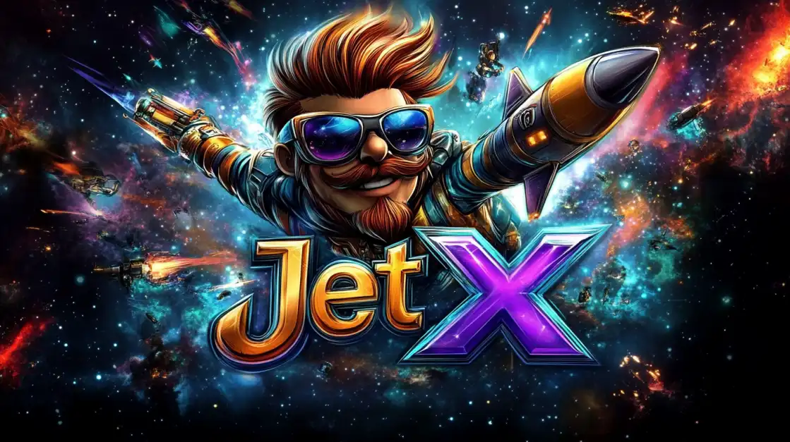 Mustached hero in sunglasses flying through space on a missile, with the vibrant JetX logo and cosmic action behind him.