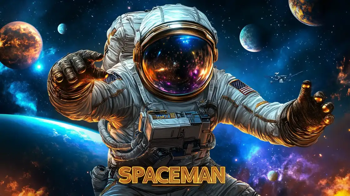 Astronaut floating in deep space with galaxies reflected in the helmet visor, planets in the background, and the title Spaceman.